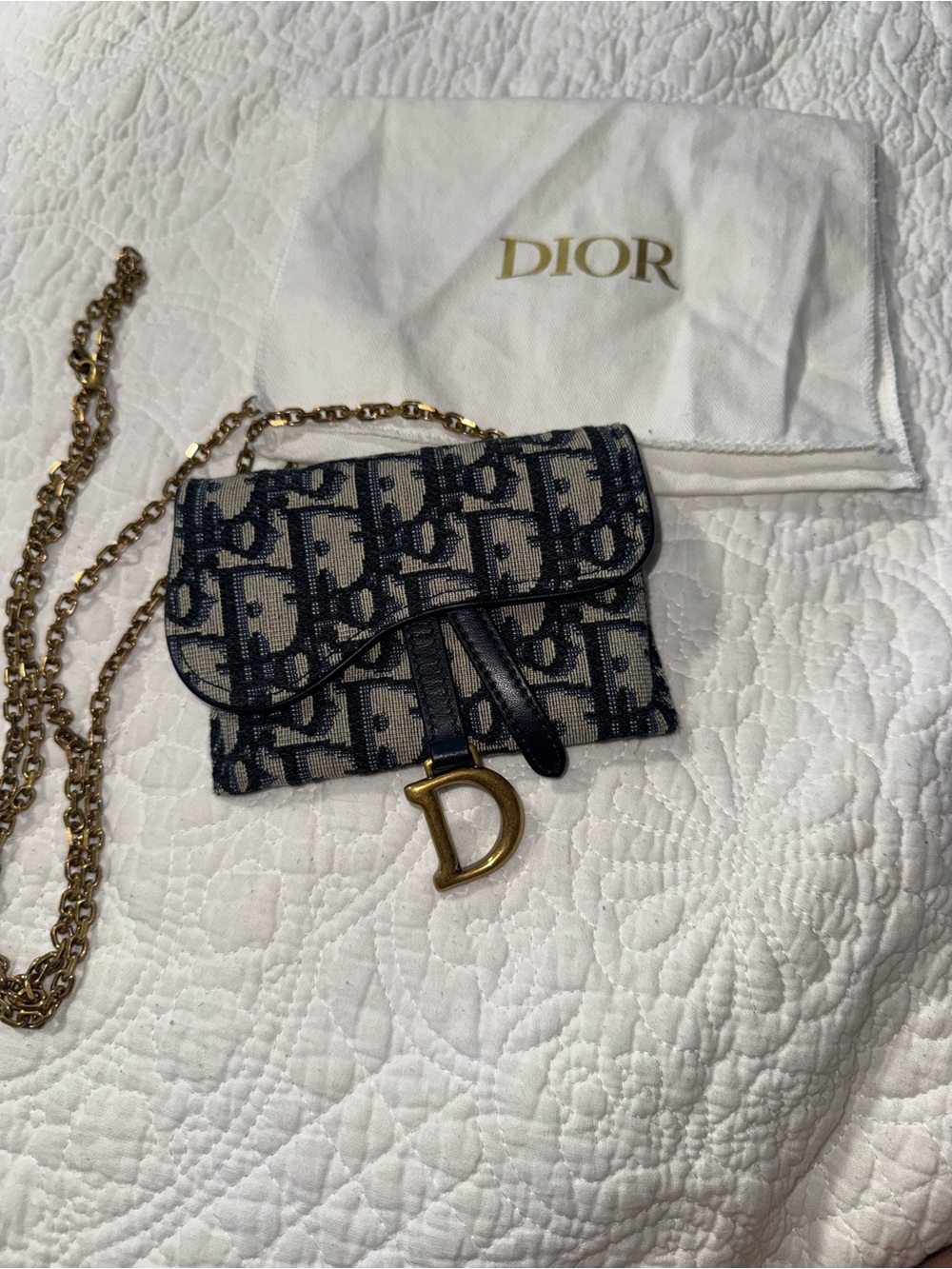 Dior Navy and Beige Oblique Canvas Saddle Mini Crossbody with Gold 'D' Charm